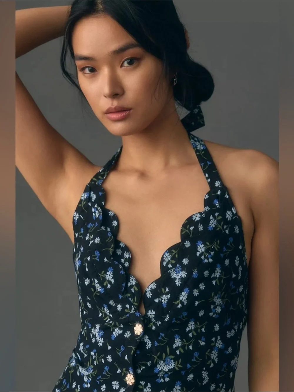 Free People Black Halter Floral Mini Dress with Blue Accents - Picture 3 of 6